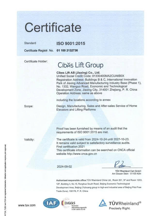 Nhà máy Cibes tại Gia Hưng, Trung Quốc đạt chứng nhận  tiêu chuẩn ISO 9001:2015